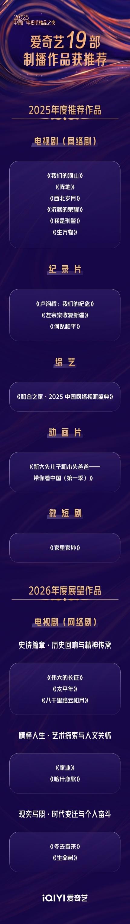 爱奇艺19部制播作品获“2025中国广电视听精品之夜”重磅推荐